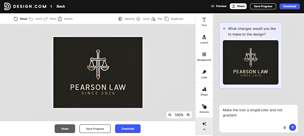 Design.com drag-and-drop and AI chat editor